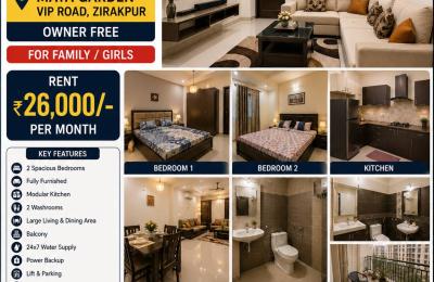 Fully Furnished 2BHK in Maya Garden, VIP Road, Zirakpur | Owner Free | Family &amp; Girls Preferred
