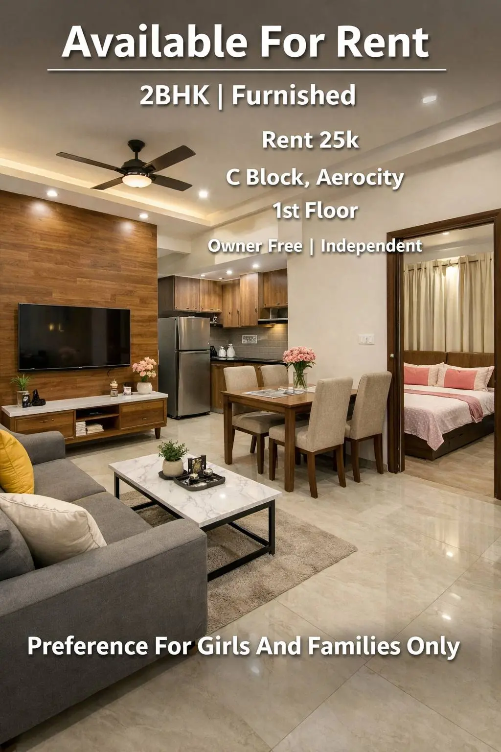 Fully Furnished 2BHK Independent Floor in Aerocity – Owner Free | Ready to Move | Girls & Families Only