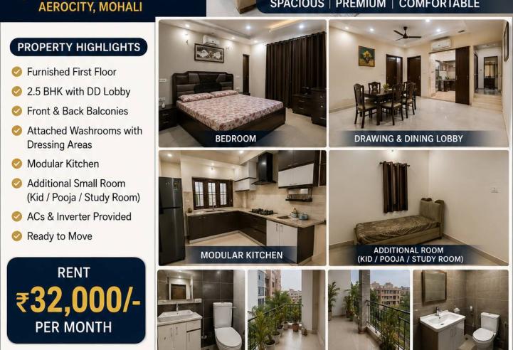 Premium Furnished 2.5 BHK First Floor in 1 Kanal House | F Block Aerocity, Mohali | Ready to Move