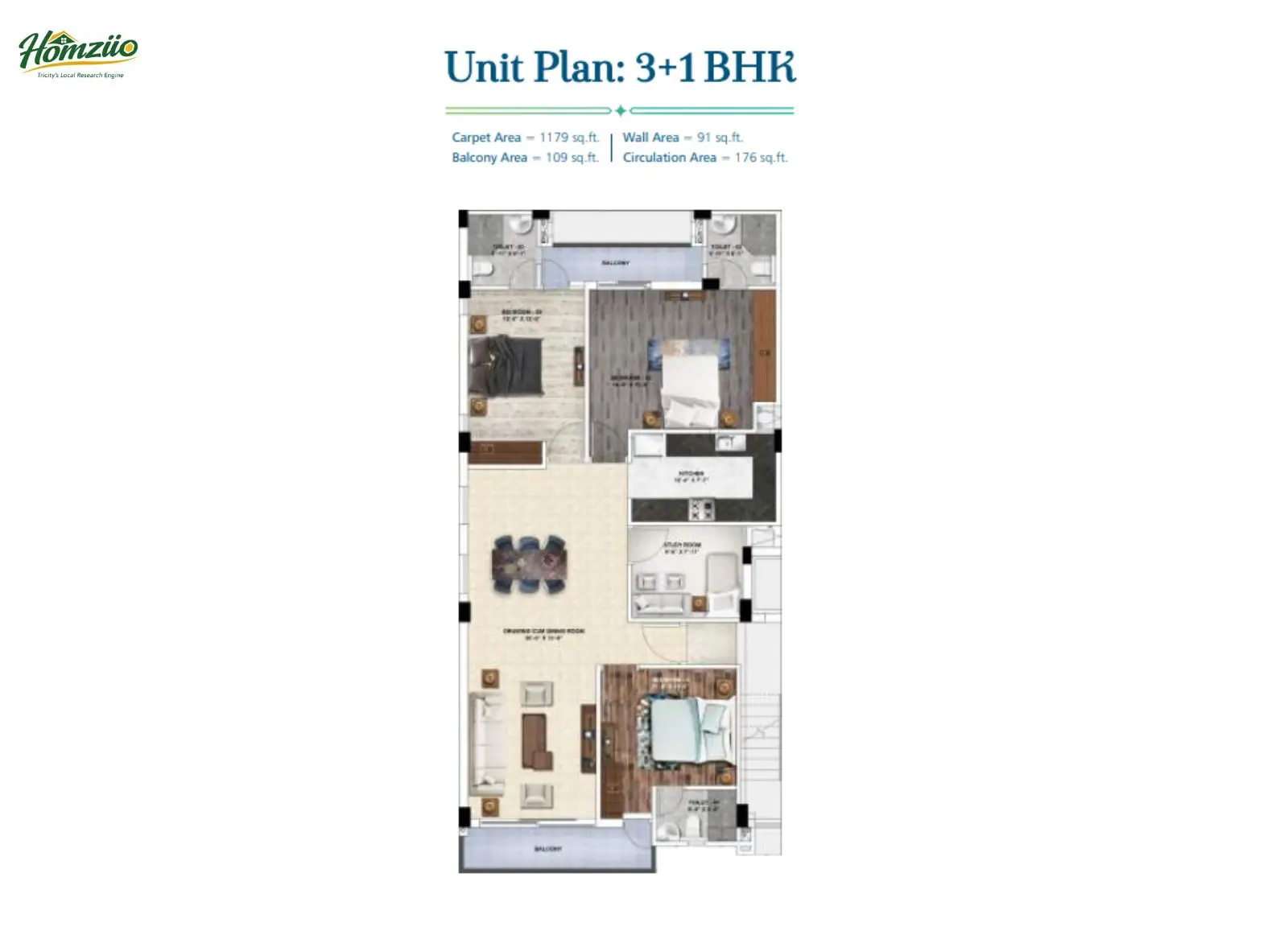 3+1 BHK floor plan