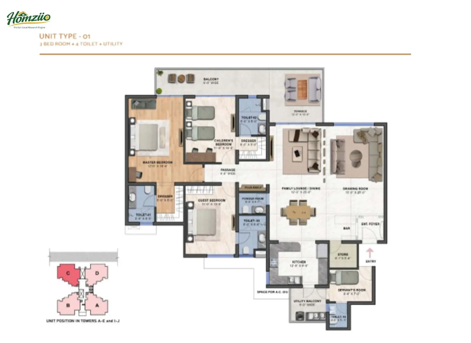 3 Bedroom + 4 Toilet + Utlility floor plan