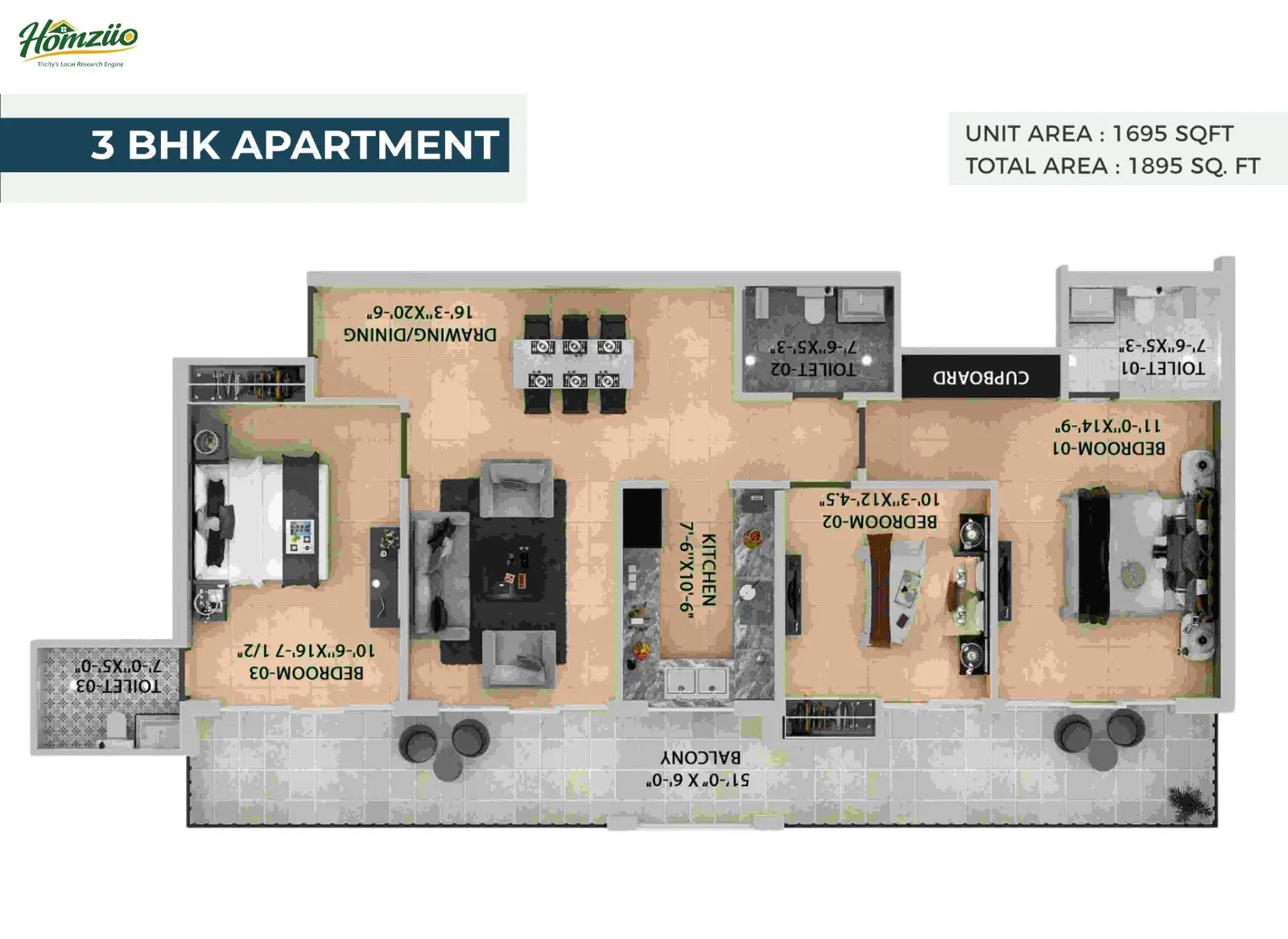 3 BHK Apartment floor plan