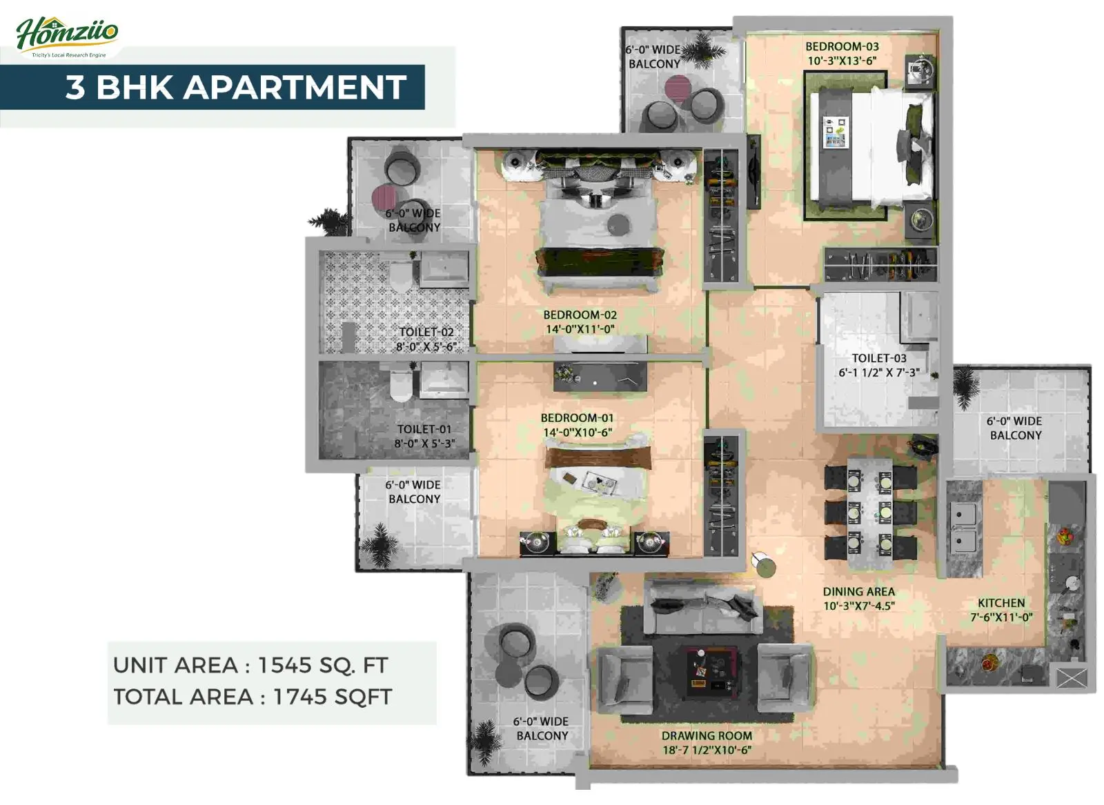 3 BHK Apartment floor plan