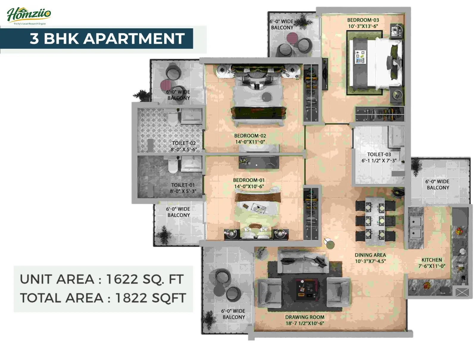 3 BHK Apartment floor plan