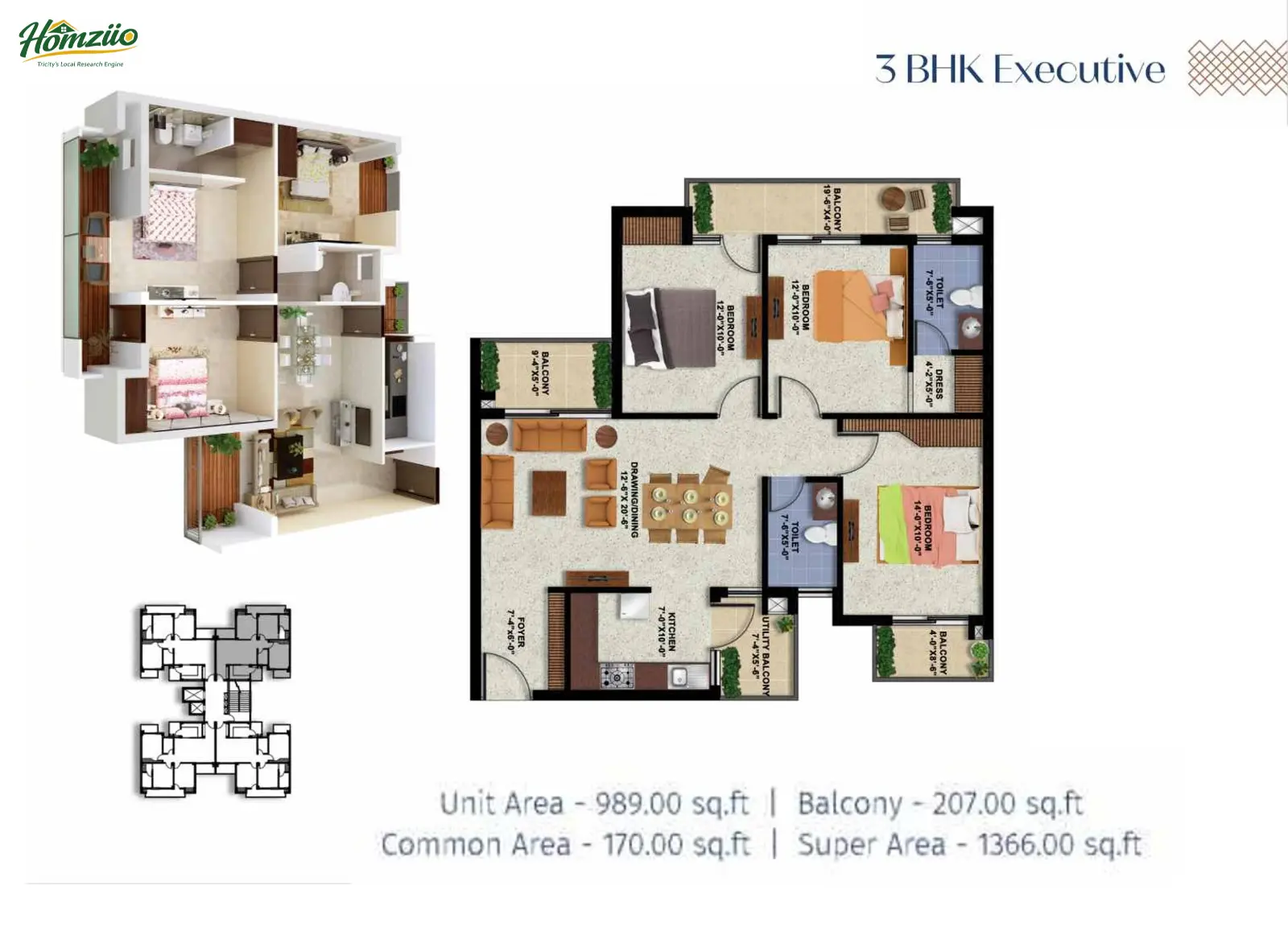 3 BHk + Executive floor plan