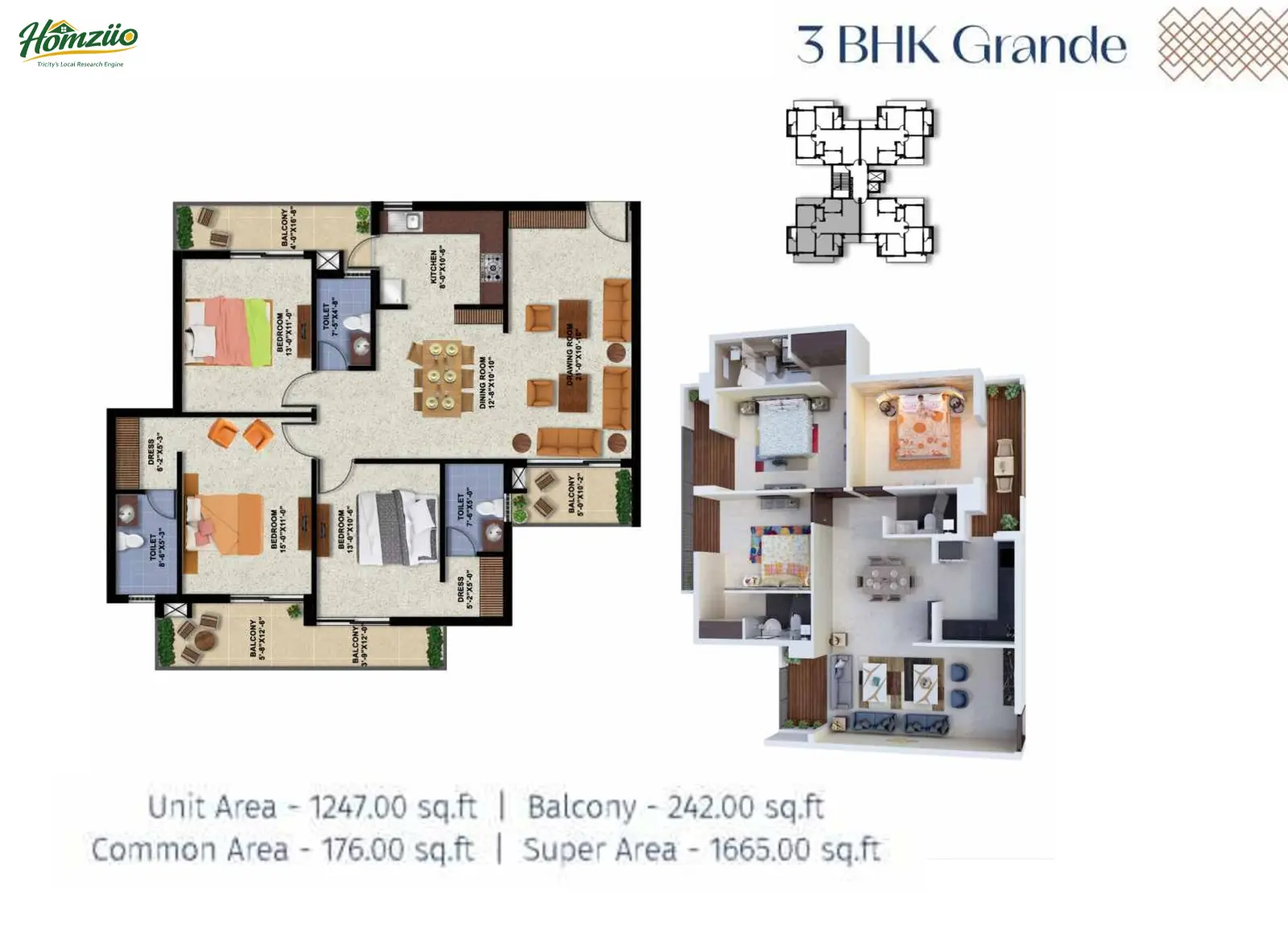 3 BHK + Grande floor plan