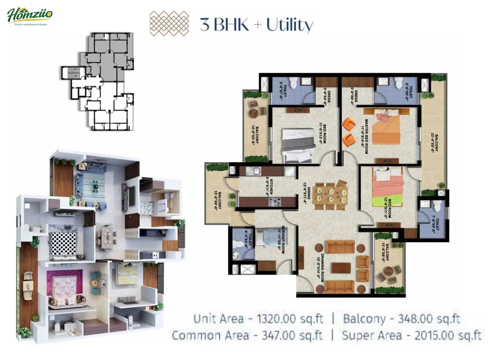 3 BHK + Utlilty floor plan